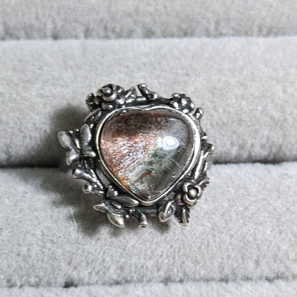 Silver Heart Floral Ring